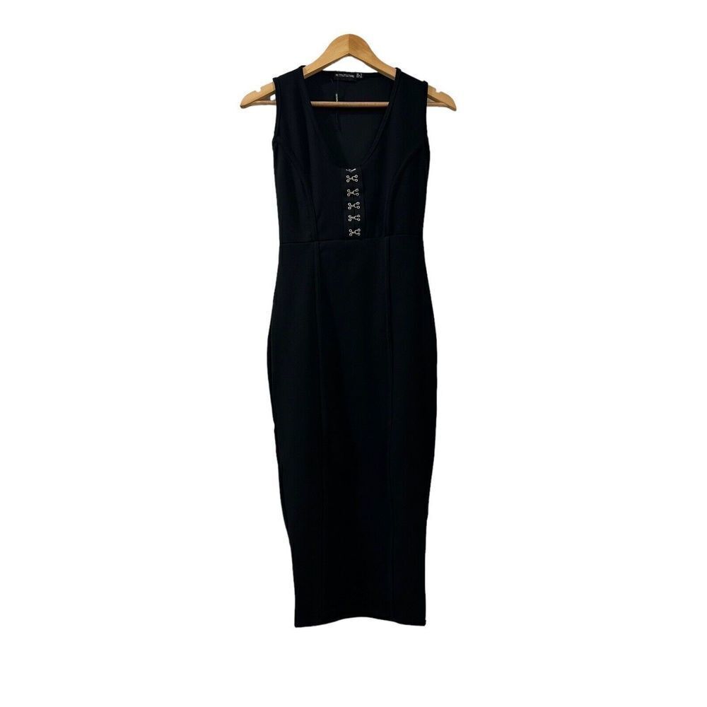 Pretty Little Thing Dress Shape Black Crepe Eyelet Detail Midi Size 2 Women PLT - Picture 4 of 11